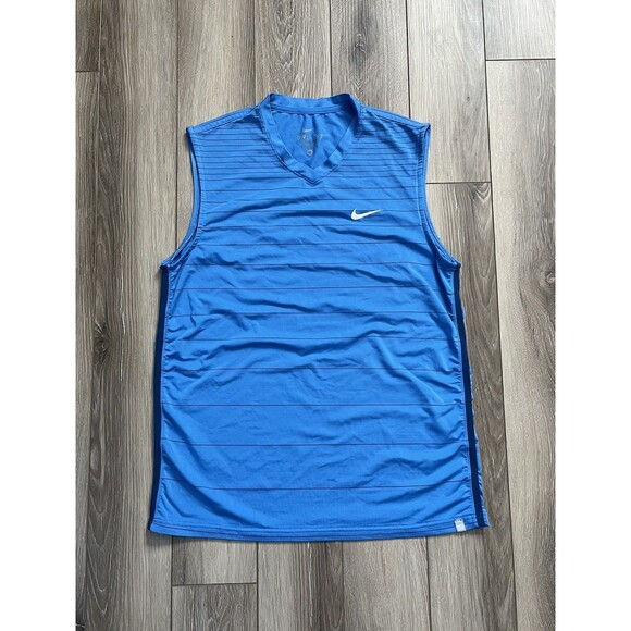 Nike Shirt Mens Medium Blue Striped Court Tennis Performance V Neck Tank - Picture 1 of 10